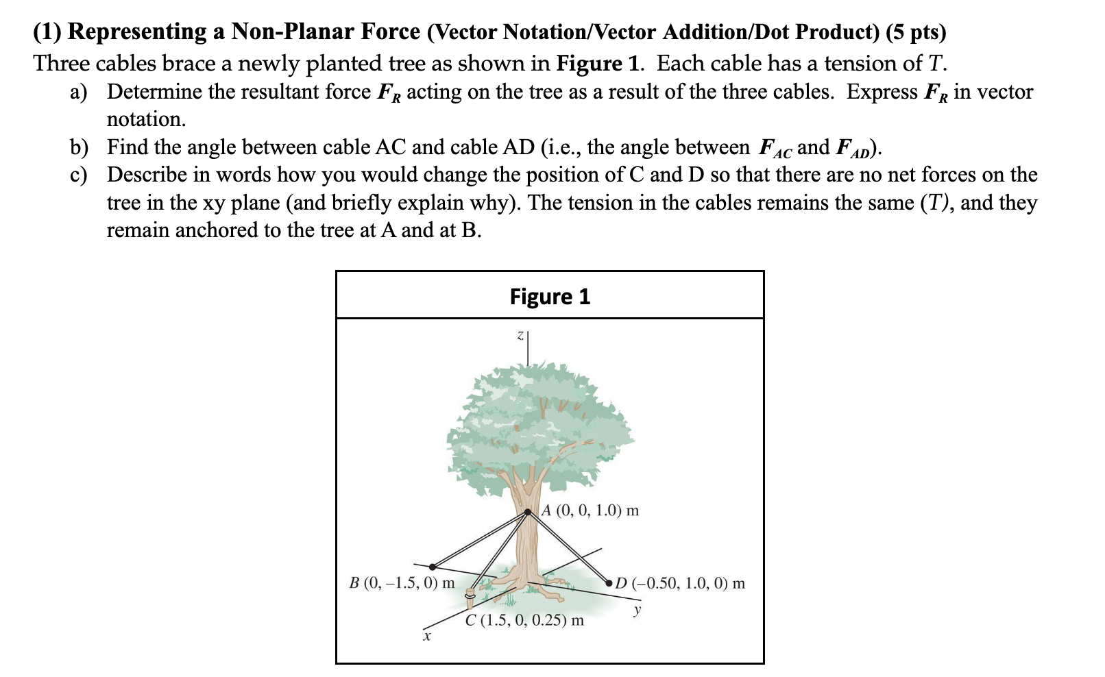 Three cables brace a newly planted tree as shown in Figure 1.