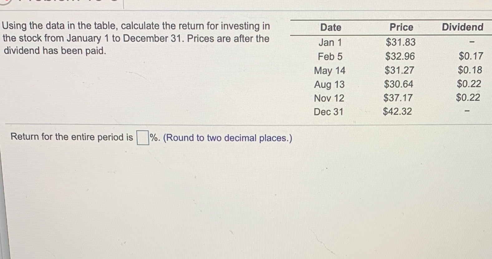  Using the data in the table, calculate the return for investing