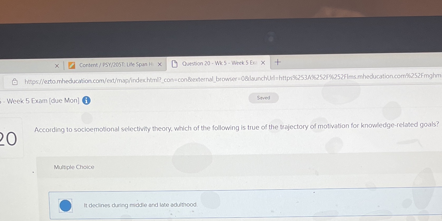 x Content / PSY/205T: Life Span H X ) Question 20