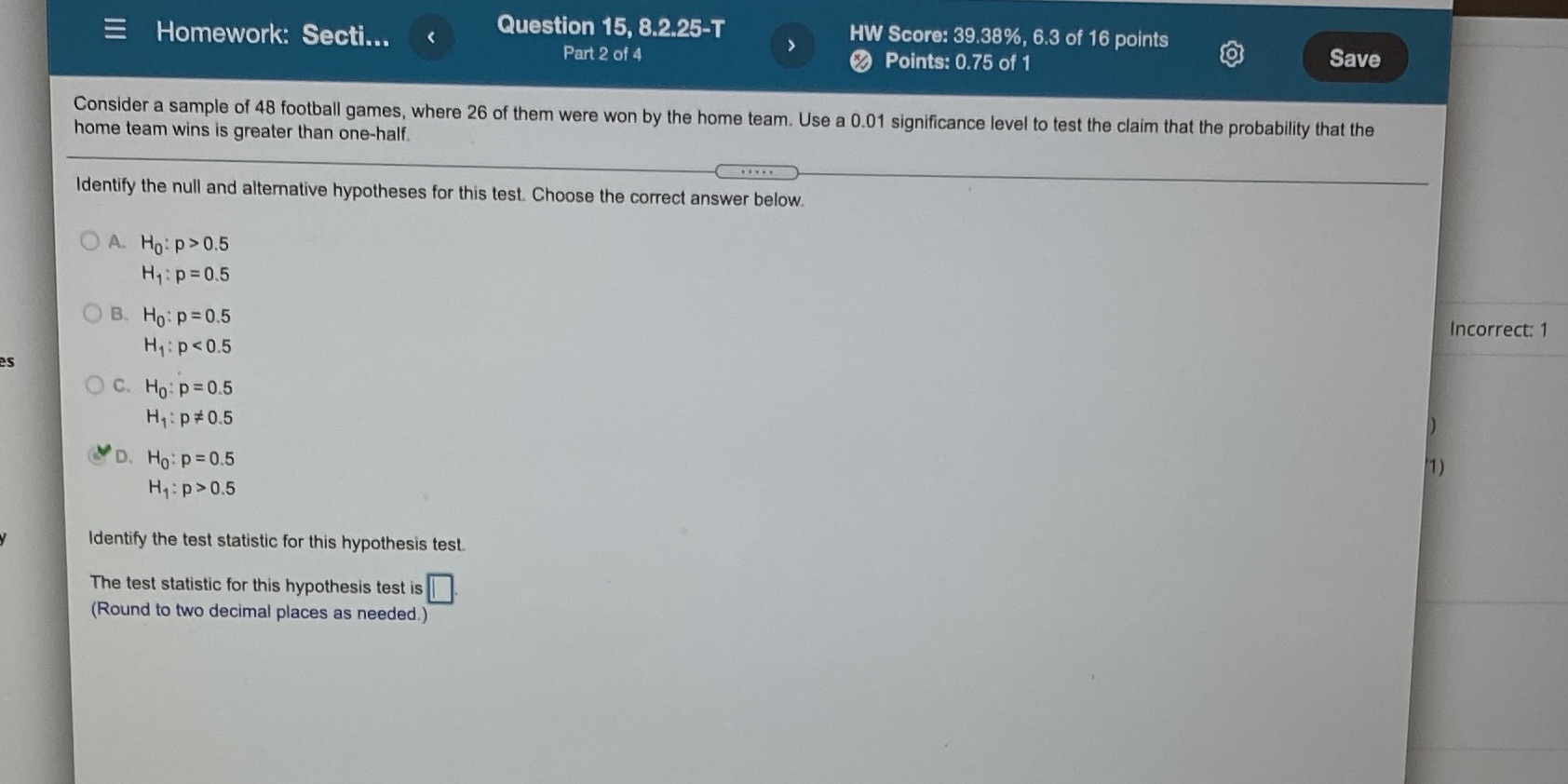 Can you please help me solve for the test statistics and p-value