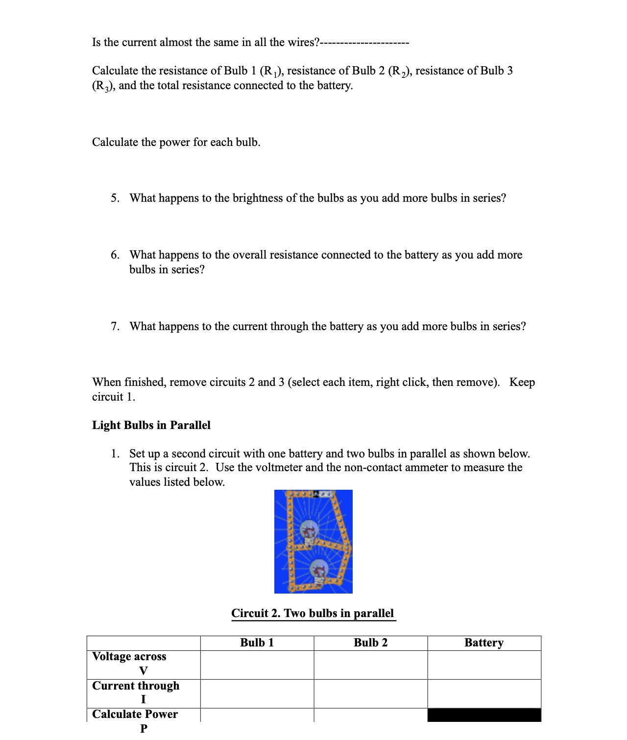 the resistance of Bulb 1 (R1), resistance of Bulb 2 (Rz), resistance