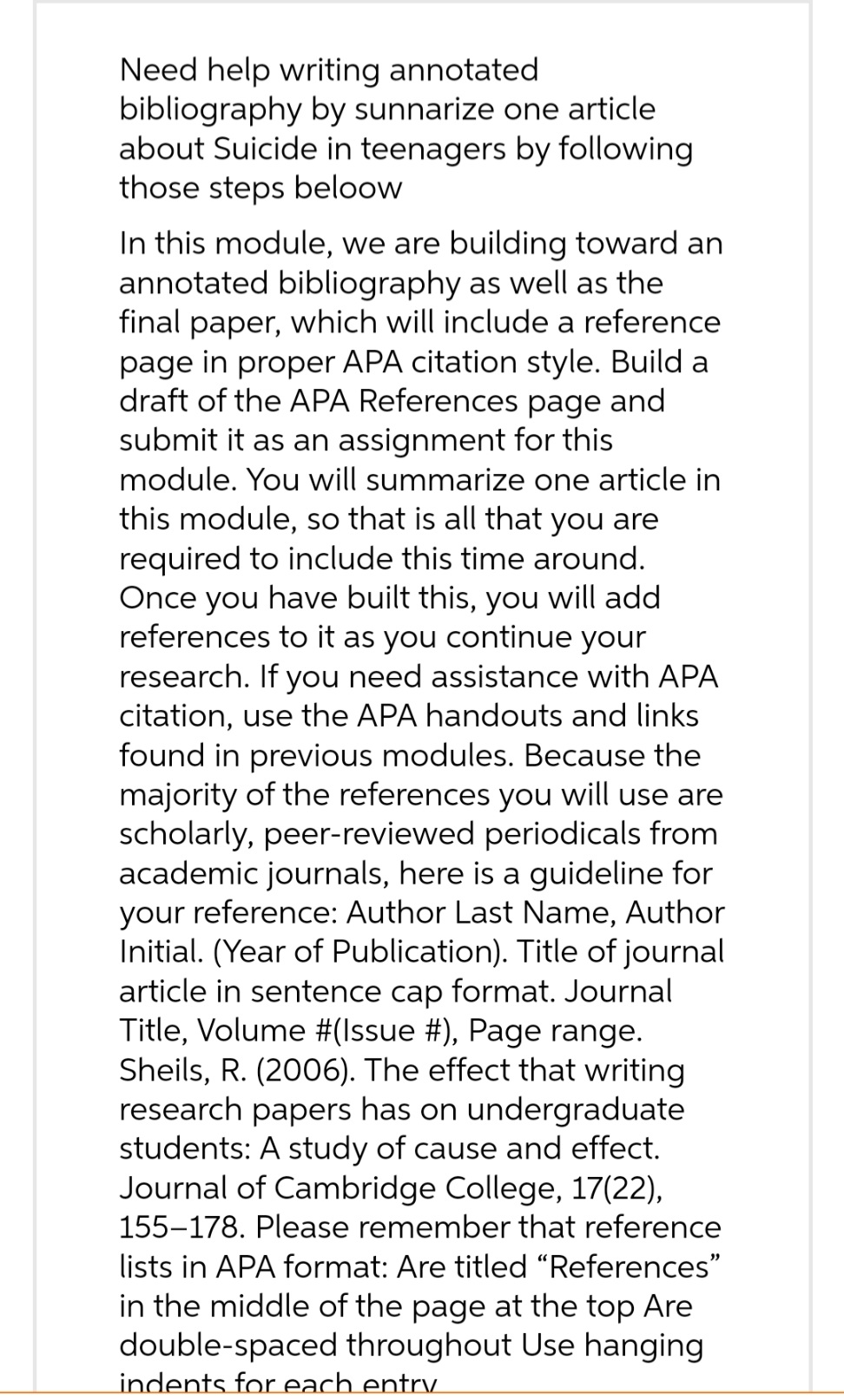 Y9 Need help writing annotated bibliography by sunnarize one article about Suicide