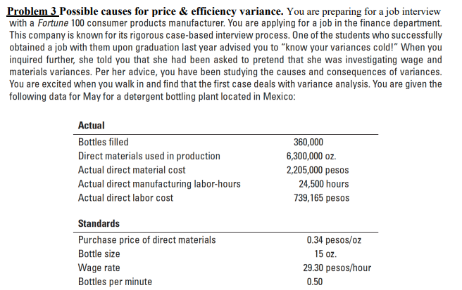 Problem 3 Possible causes for price & efficiency variance. You are