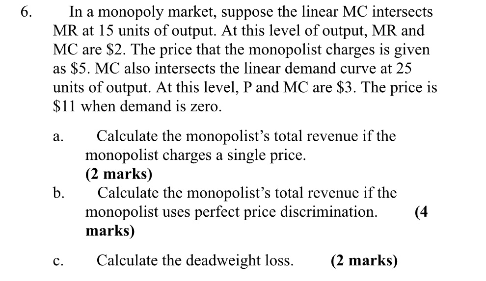 Need help with this problem 6. In a monopoly market, suppose the