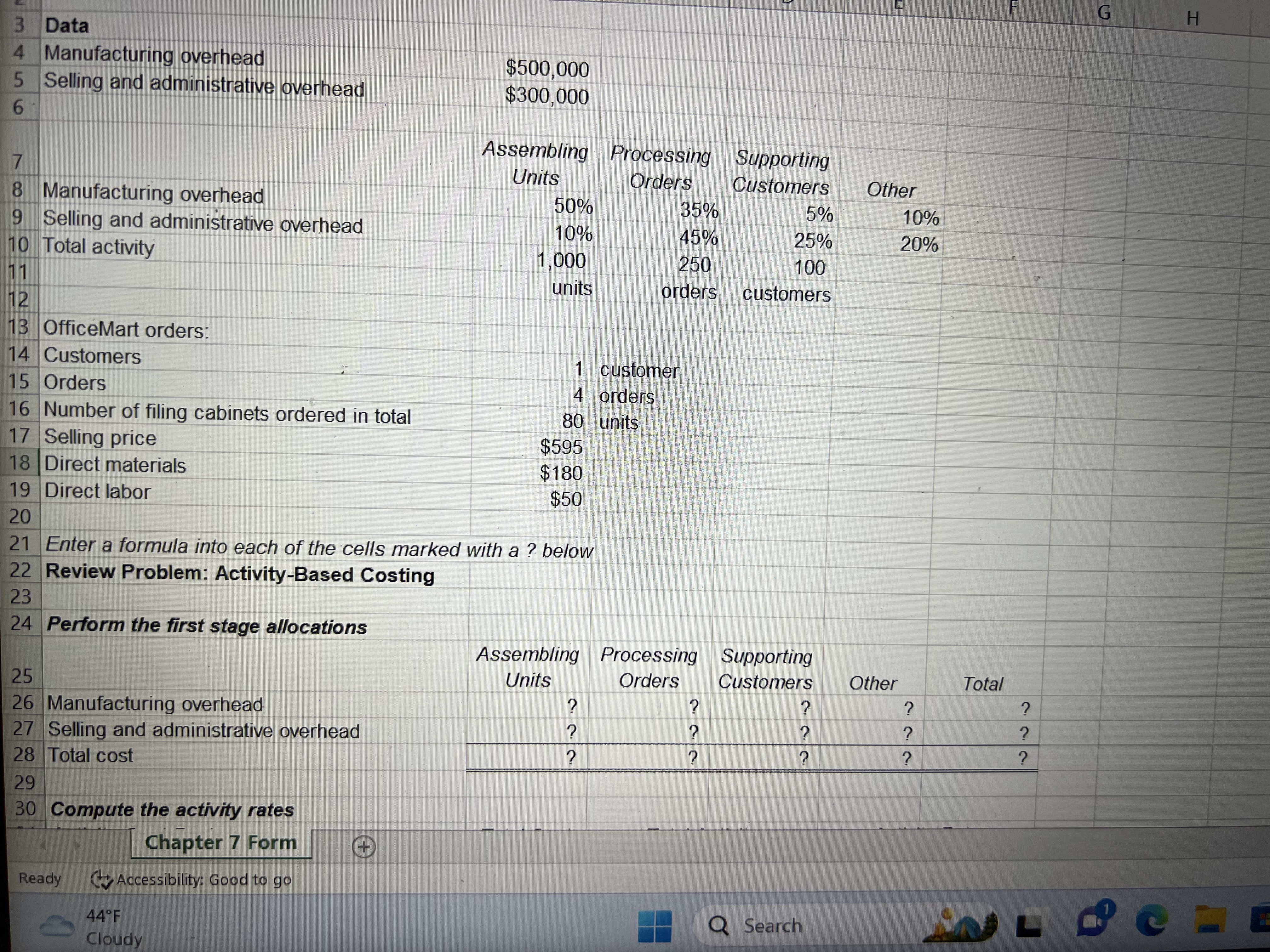 produced. When comple that part of the worksheet should contain the following