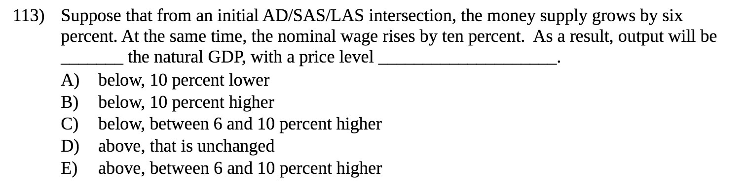 113) Suppose that from an initial AD/SAS/LAS intersection, the money supply