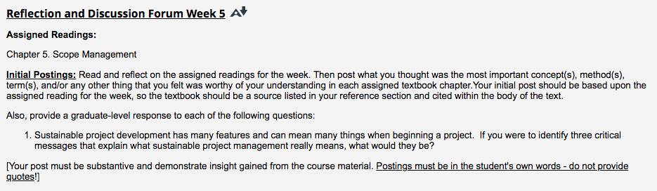  Reflection and Discussion Forum Week 5 AV Assigned Readings: Chapter 5.