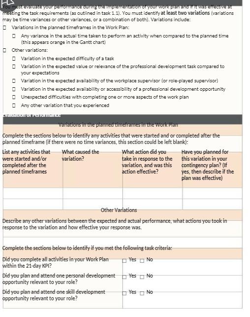 must evaluate your performance during the implementation of your work plan