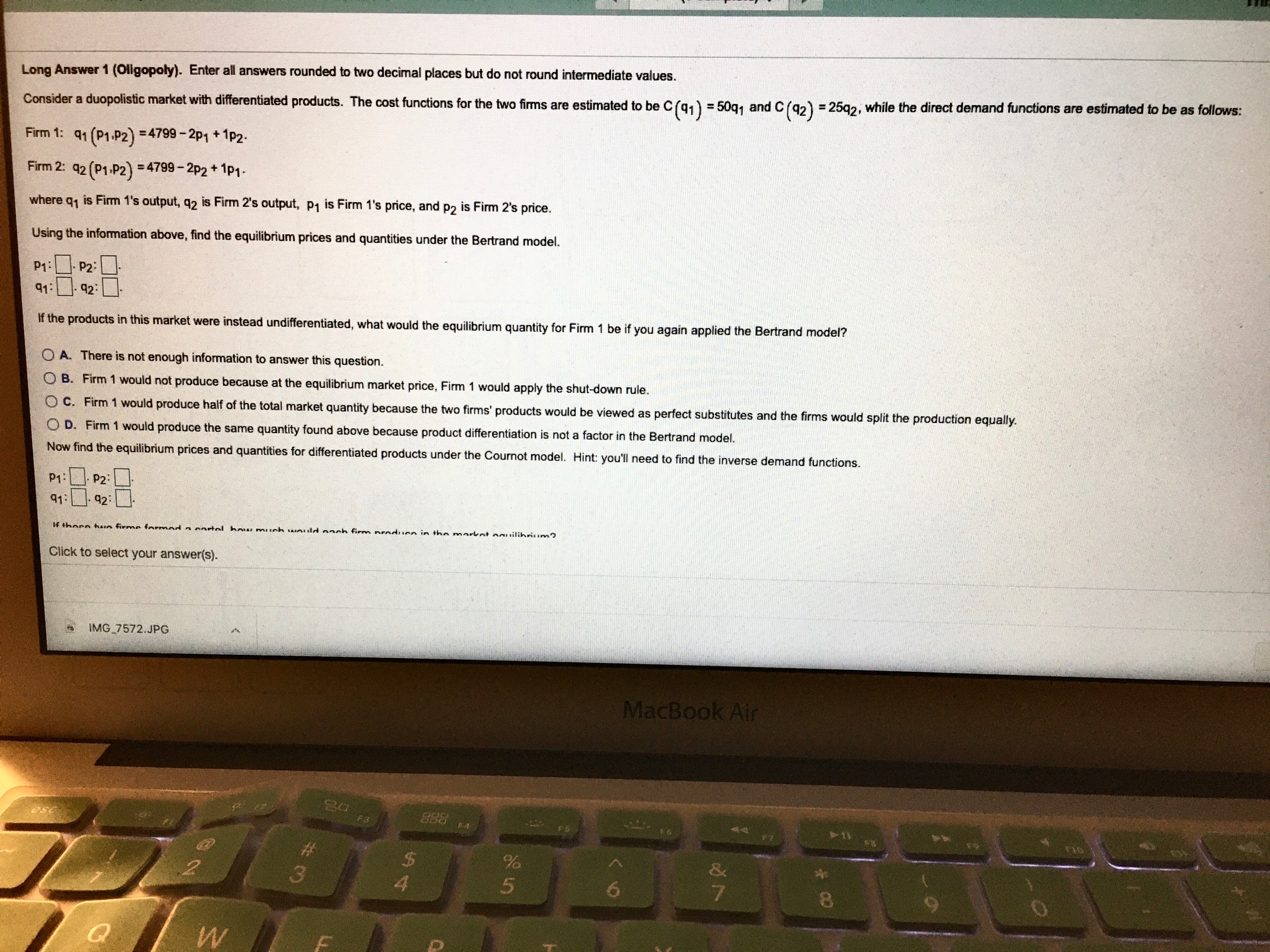  Long Answer 1 (Oligopoly). Enter all answers rounded to two decimal