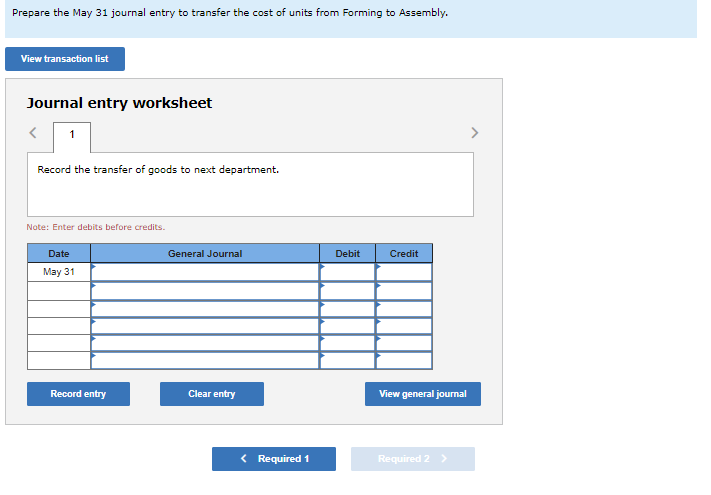 the cost of units from Forming to Assembly. Required Information Use the