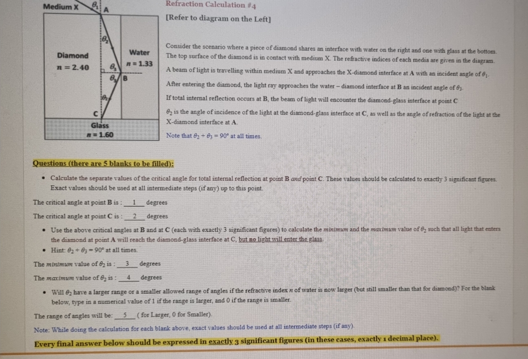 I need help answering Medium X Refraction Calculation #4 [Refer to diagram