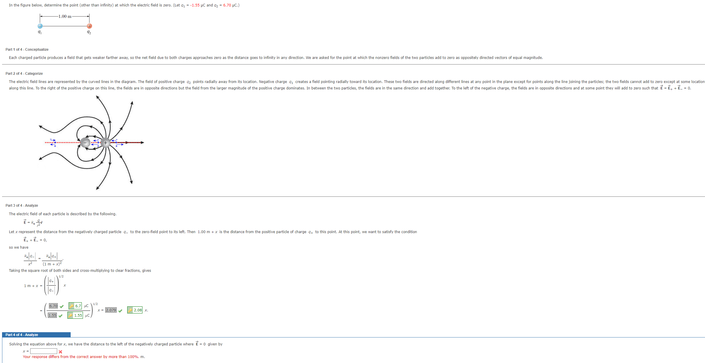 which the electric field is zero. (Let q, = -1.55 JC and