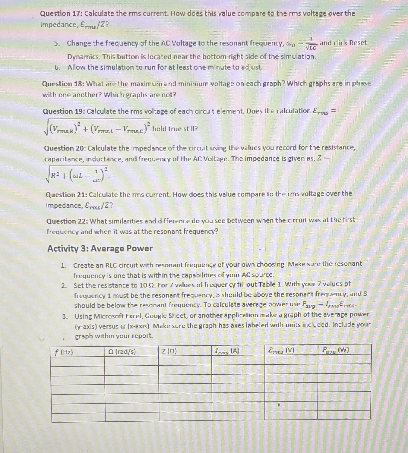  Question 17: Calculate the rms current. How does this value compare