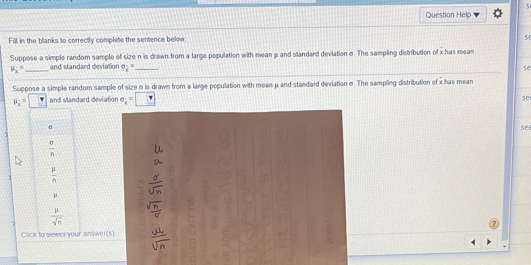 Random sample size#.3 Question Help Fill in the blanks to correctly complete