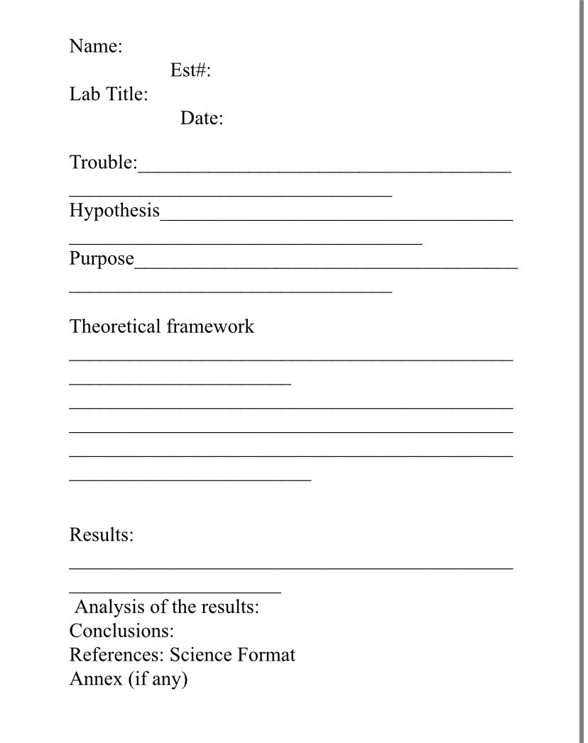 explain Name: Est#: Lab Title: Date: Trouble: Hypothesis Purpose Theoretical framework Results: