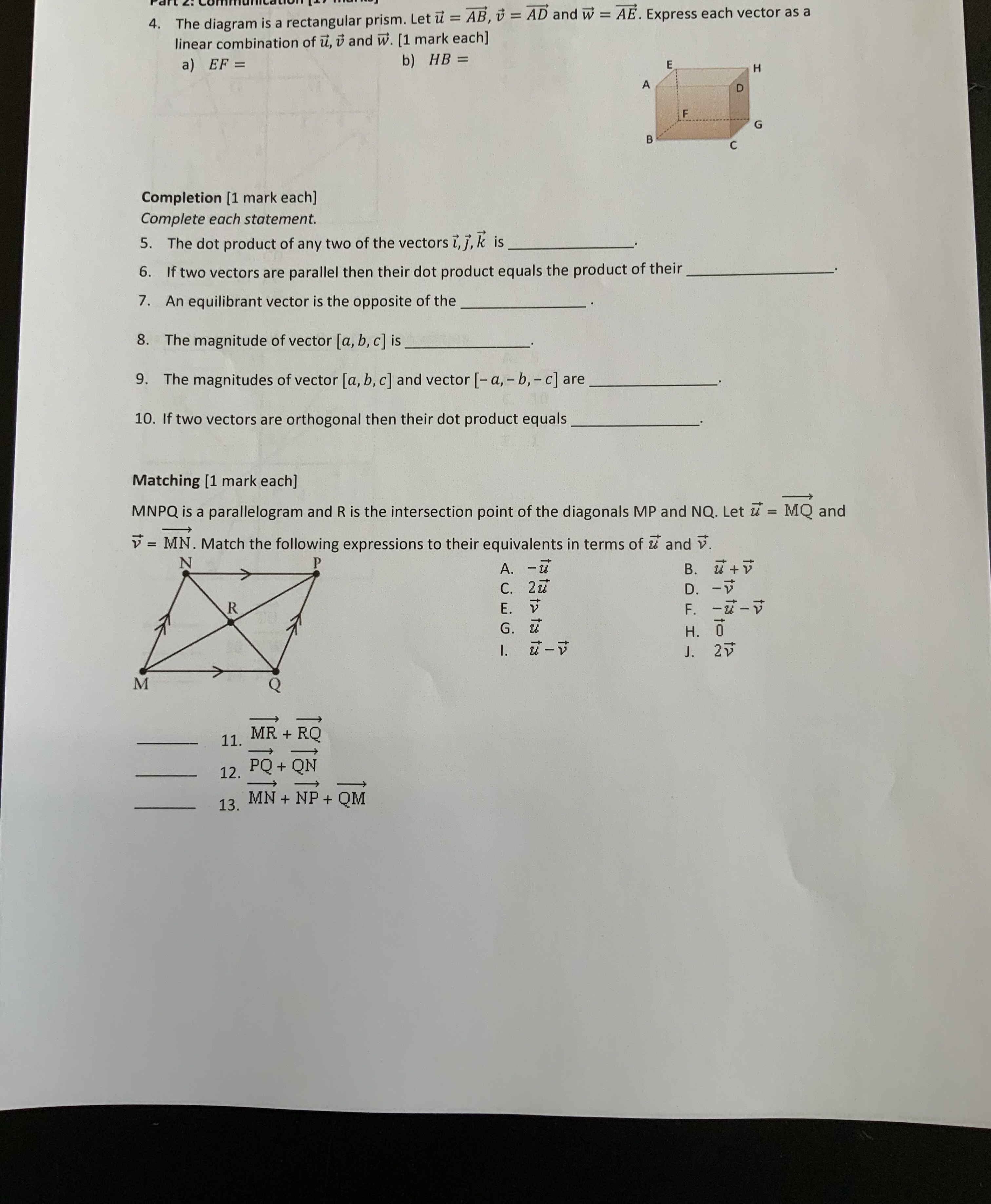  4. The diagram is a rectangular prism. Let u = AB,