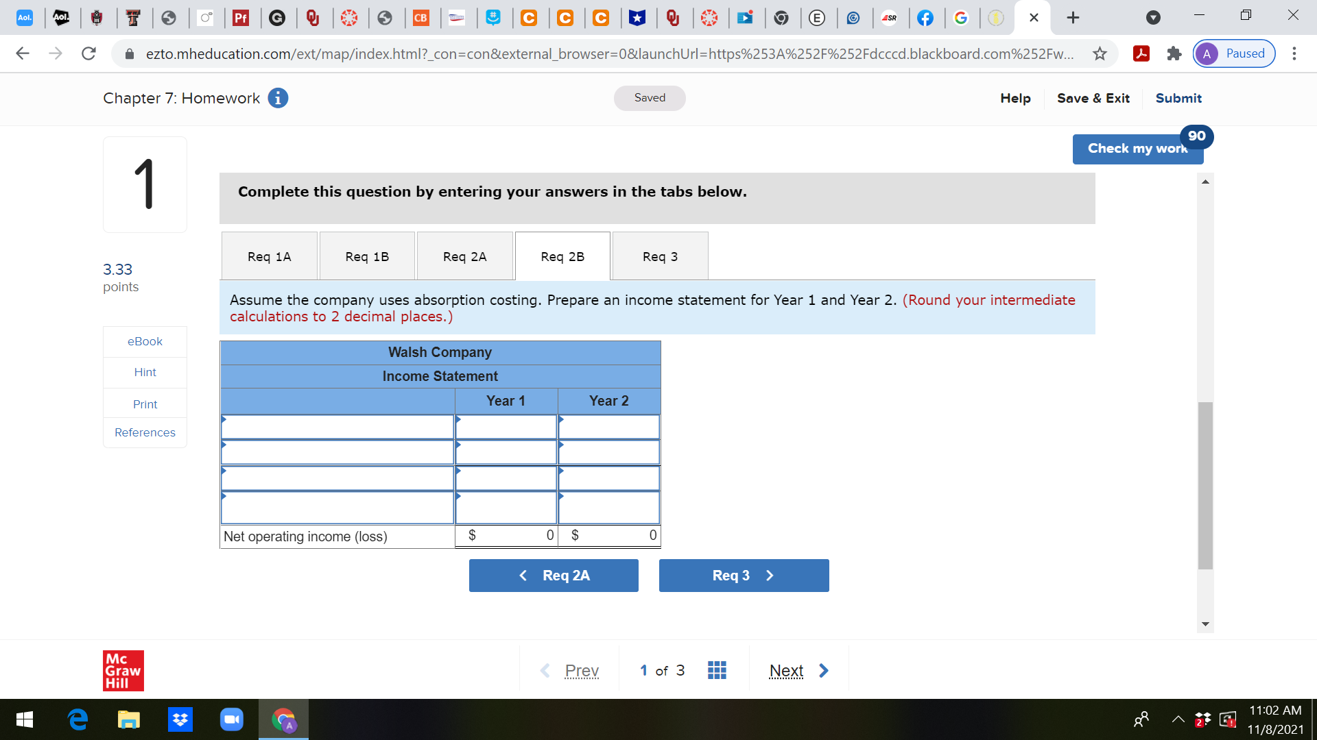 costing and absorption costing net operating income in Year 1. (Enter any