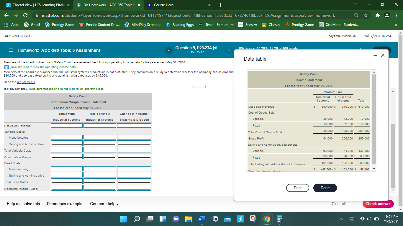 ACC-260 Topic 5 X *Course Hero X C A mathxl.com/Student/PlayerHomework.aspx?homeworkld=611719741&questionld=1&flushed=false8cld=6727461&back=DoAssignments.aspx?view=homework # Apps