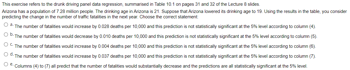 Question 6 This exercise refers to the drunk driving panel data regression,