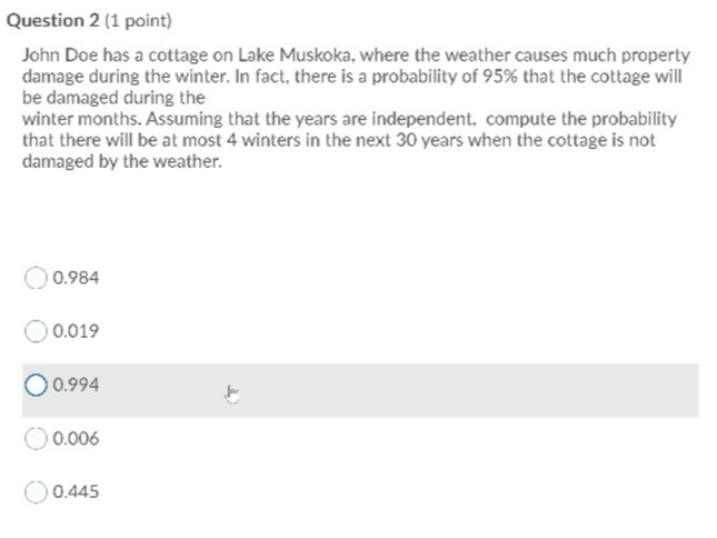  Question 2 (1 point) John Doe has a cottage on Lake