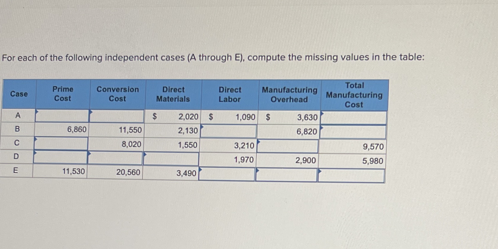  For each of the following independent cases (A through E), compute
