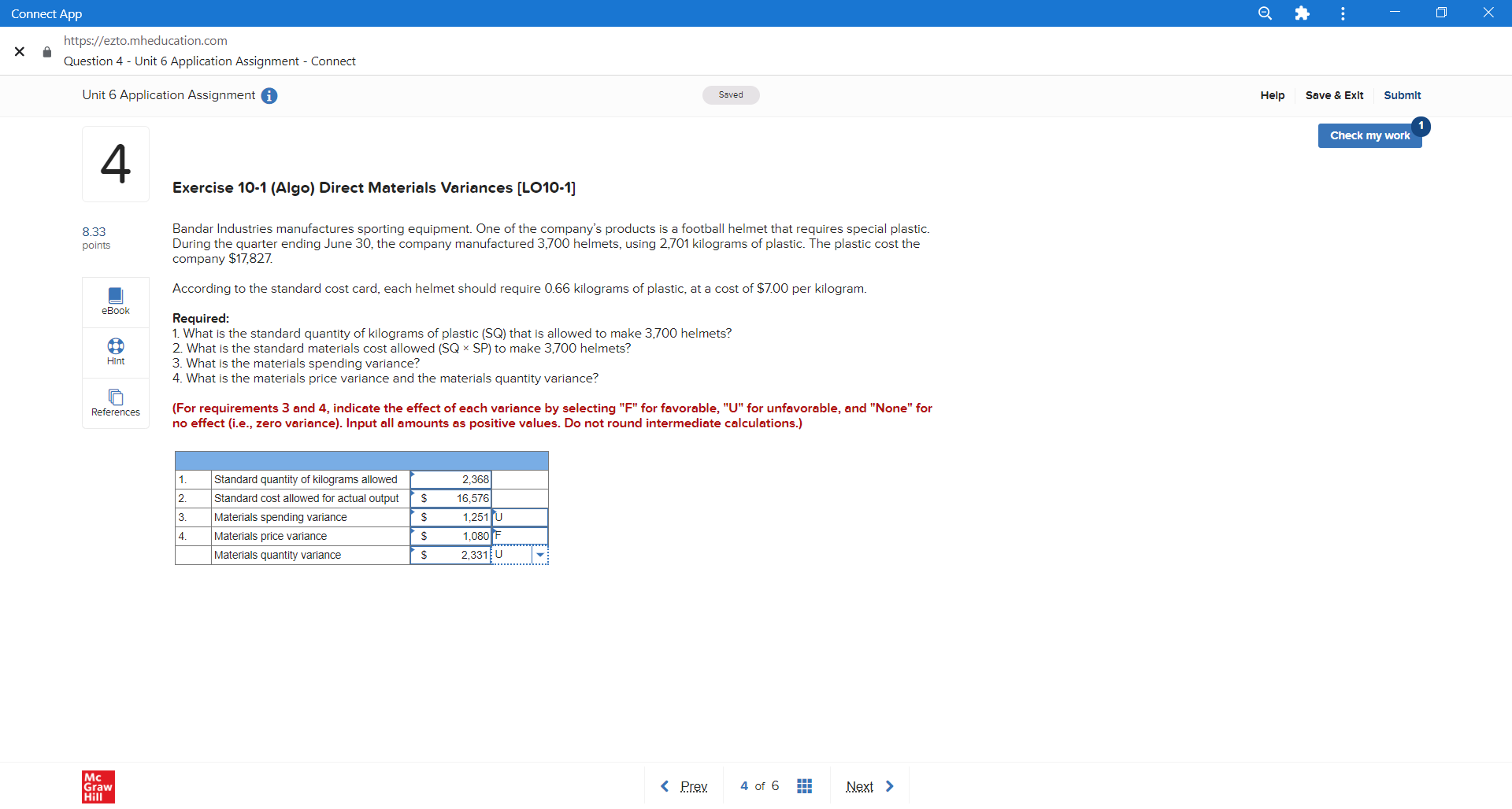  Connect App X https://ezto.mheducation.com X Question 4 - Unit 6 Application