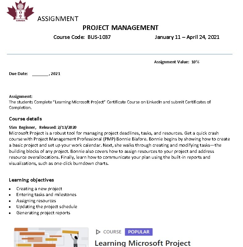 24, 2021 Assignment Value: 10% Due Date: . 2021 Assignment: The students
