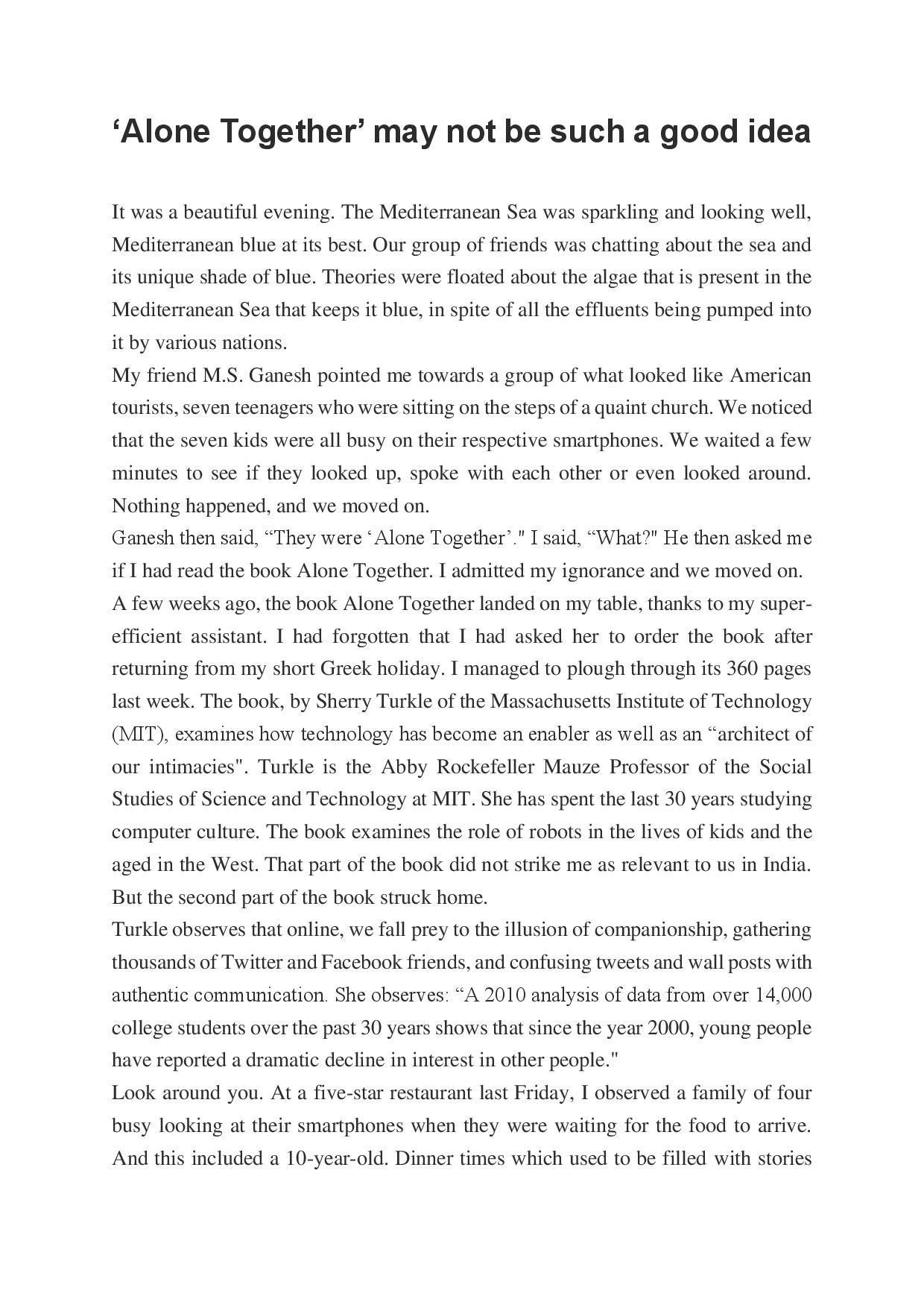 me to solve this. 'Alone Together' may not be such a good