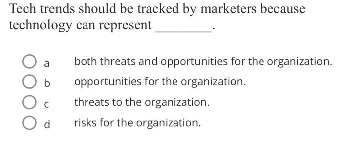 a both threats and opportunities for the organization. b opportunities for the