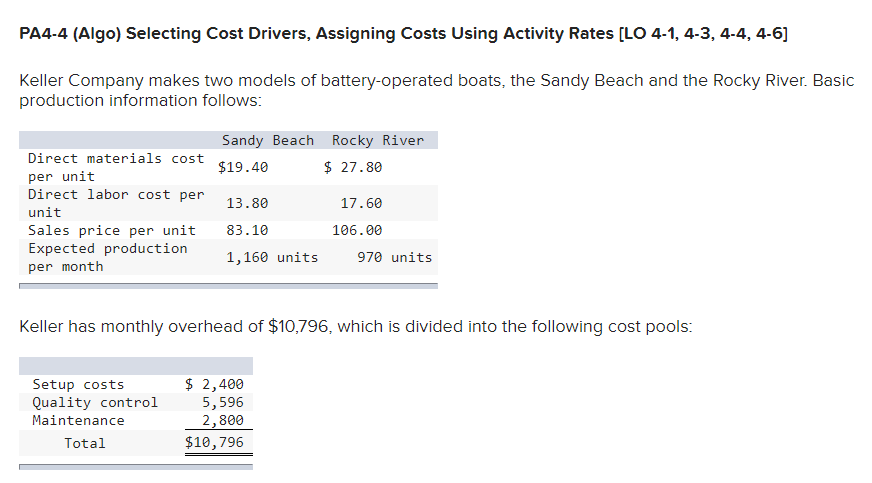  PA4-4 (Algo) Selecting Cost Drivers, Assigning Costs Using Activity Rates [LO