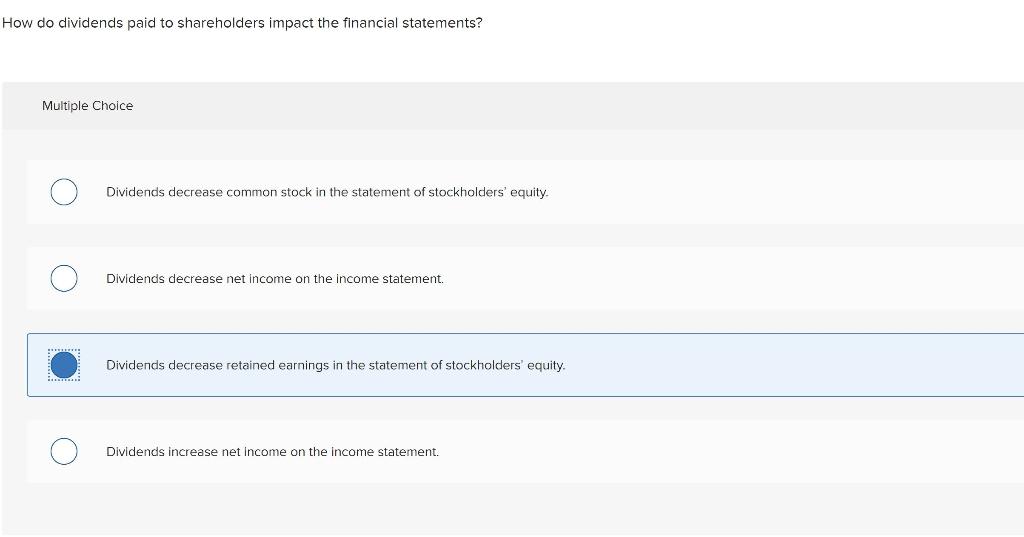  How do dividends paid to shareholders impact the financial statements? Multiple