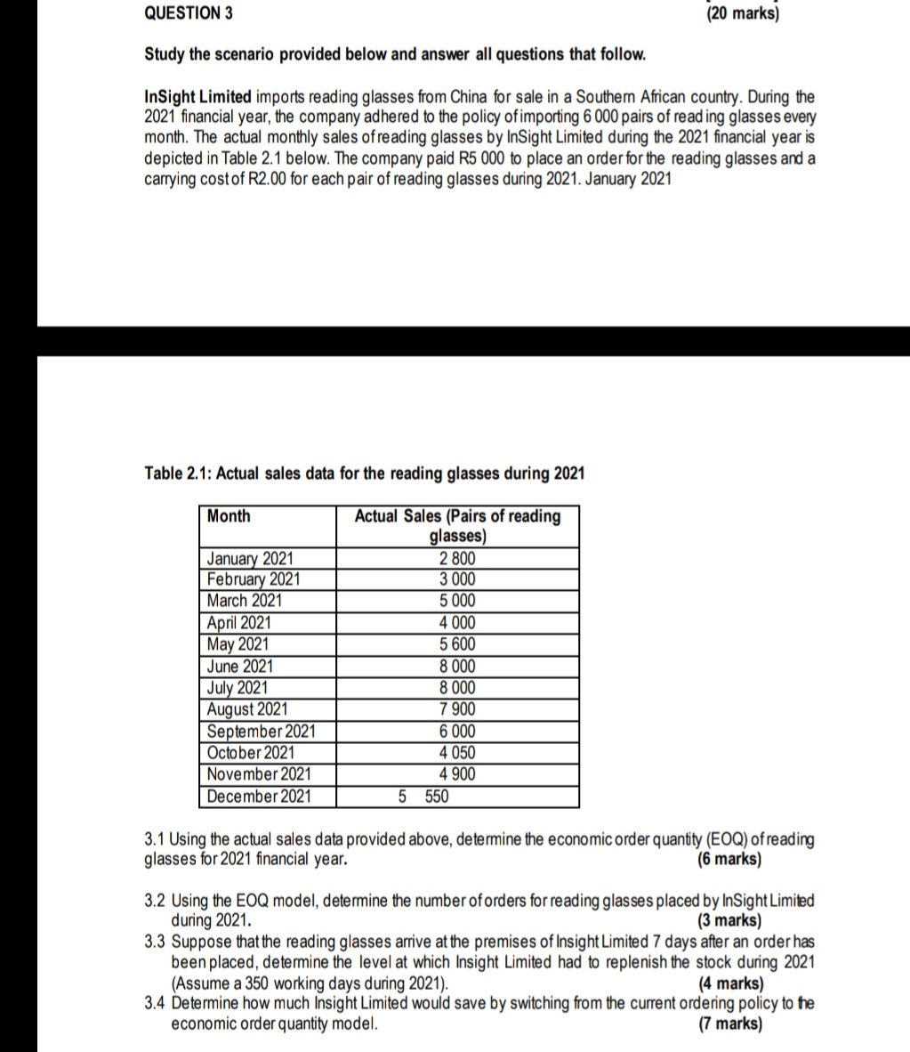 all questions that follow. InSight Limited imports reading glasses from China for