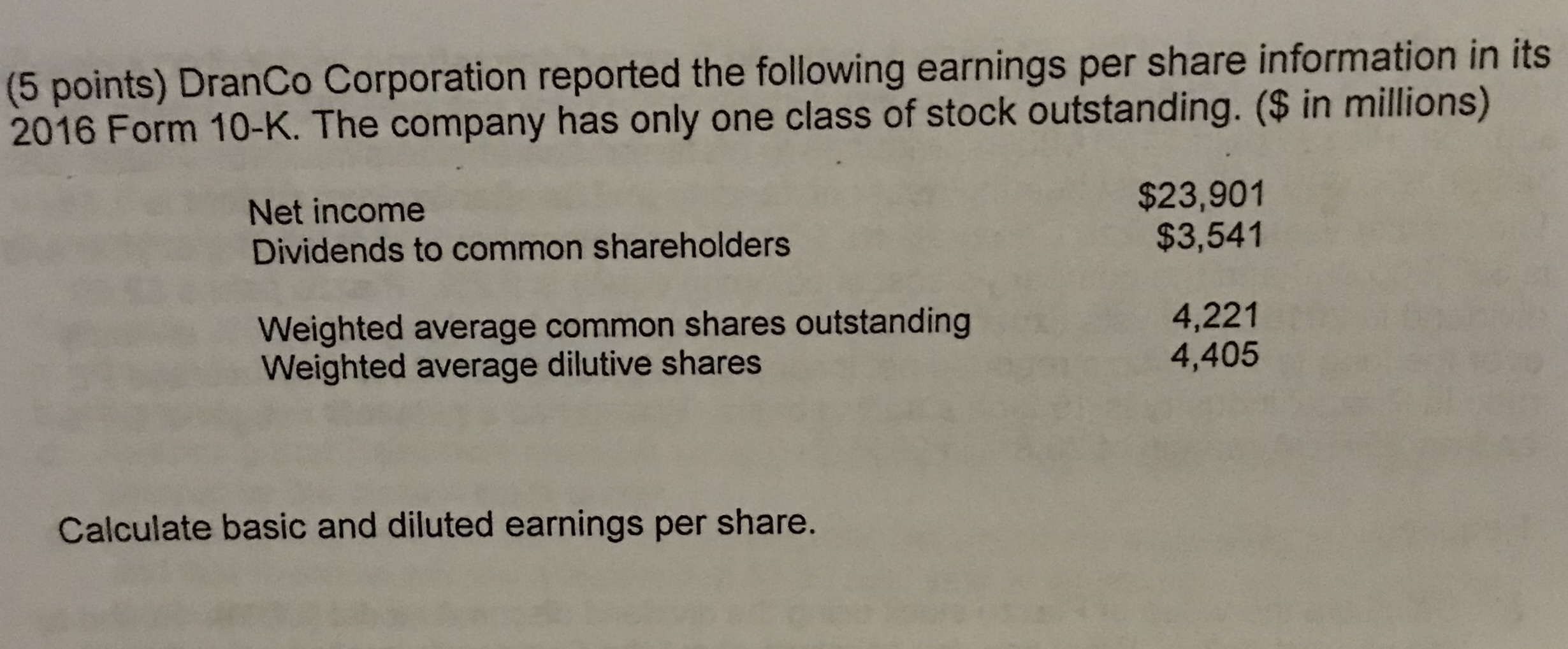  ( 5 points ) Dran Co Corporation reported the following earnings