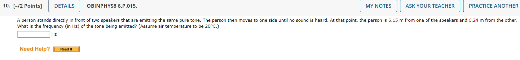  10. [-/2 Points] DETAILS OBINPHYS8 6.P.015. MY NOTES ASK YOUR TEACHER