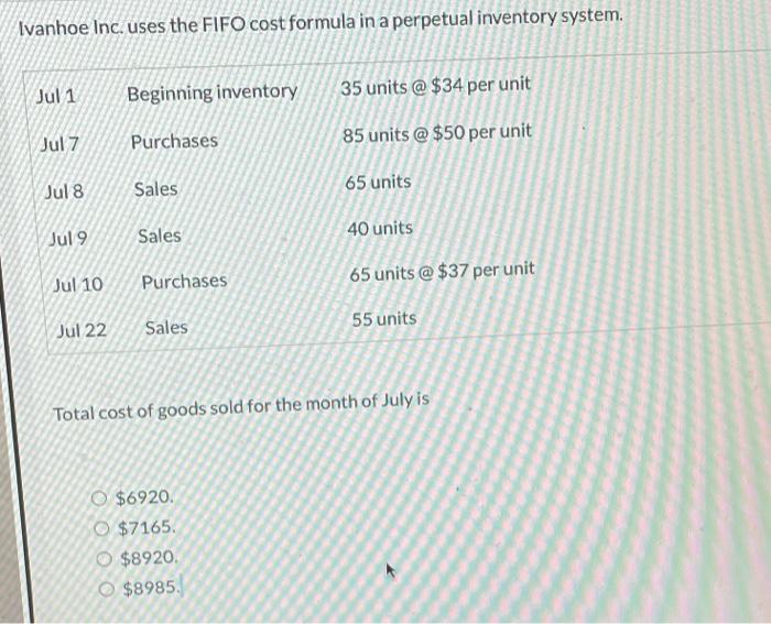 Ivanhoe Inc. uses the FIFO cost formula in a perpetual inventory