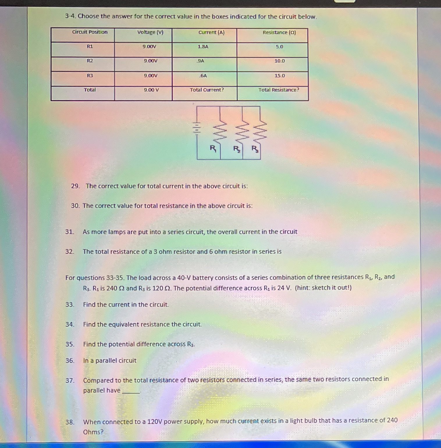  3-4. Choose the answer for the correct value in the boxes