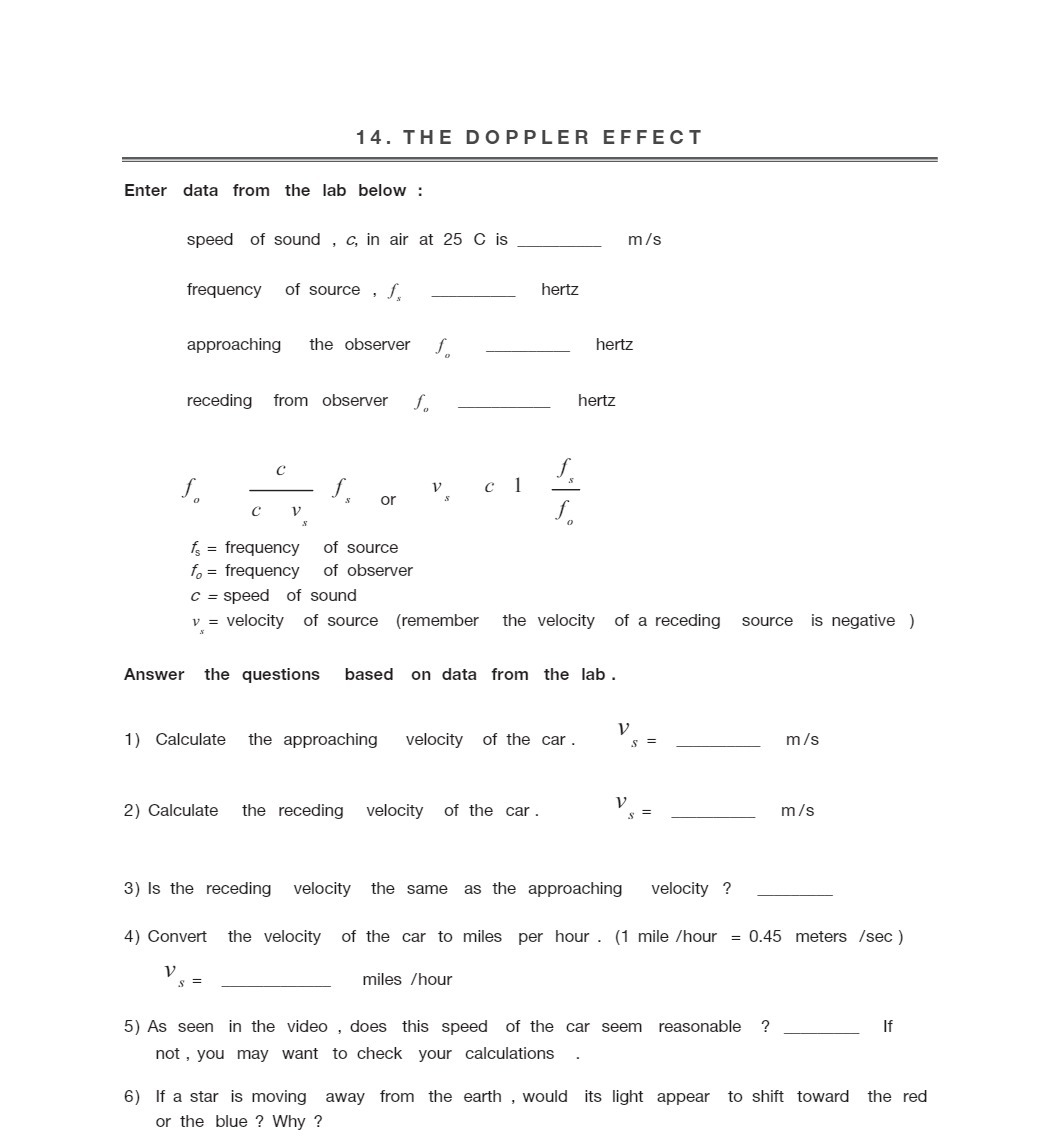 14. THE DOPPLER EFFECT Enter data from the lab below :