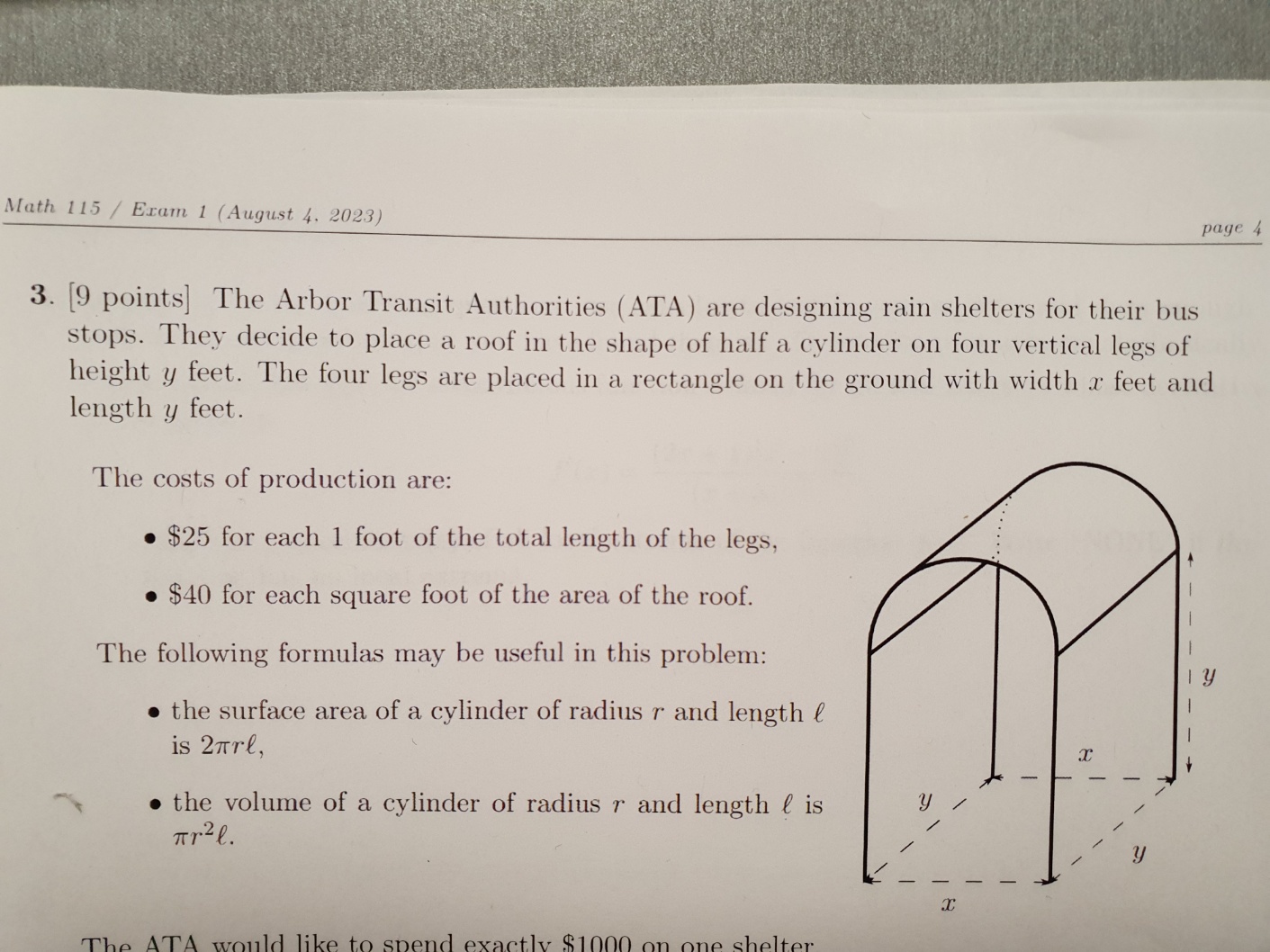 four vertical legs of height y feet. The four legs are placed