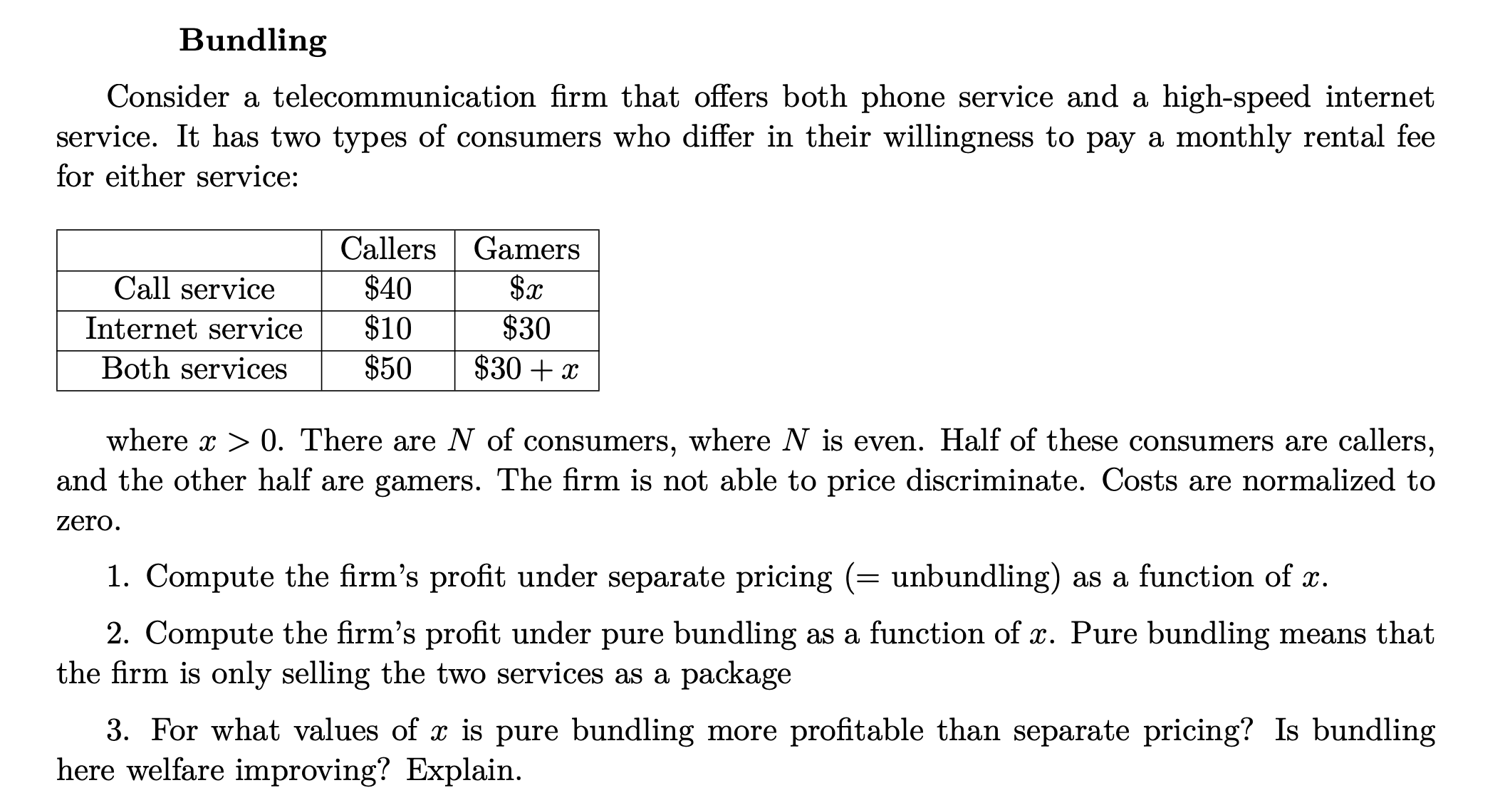 I need help with this question.... Bundling Consider a telecommunication rm that