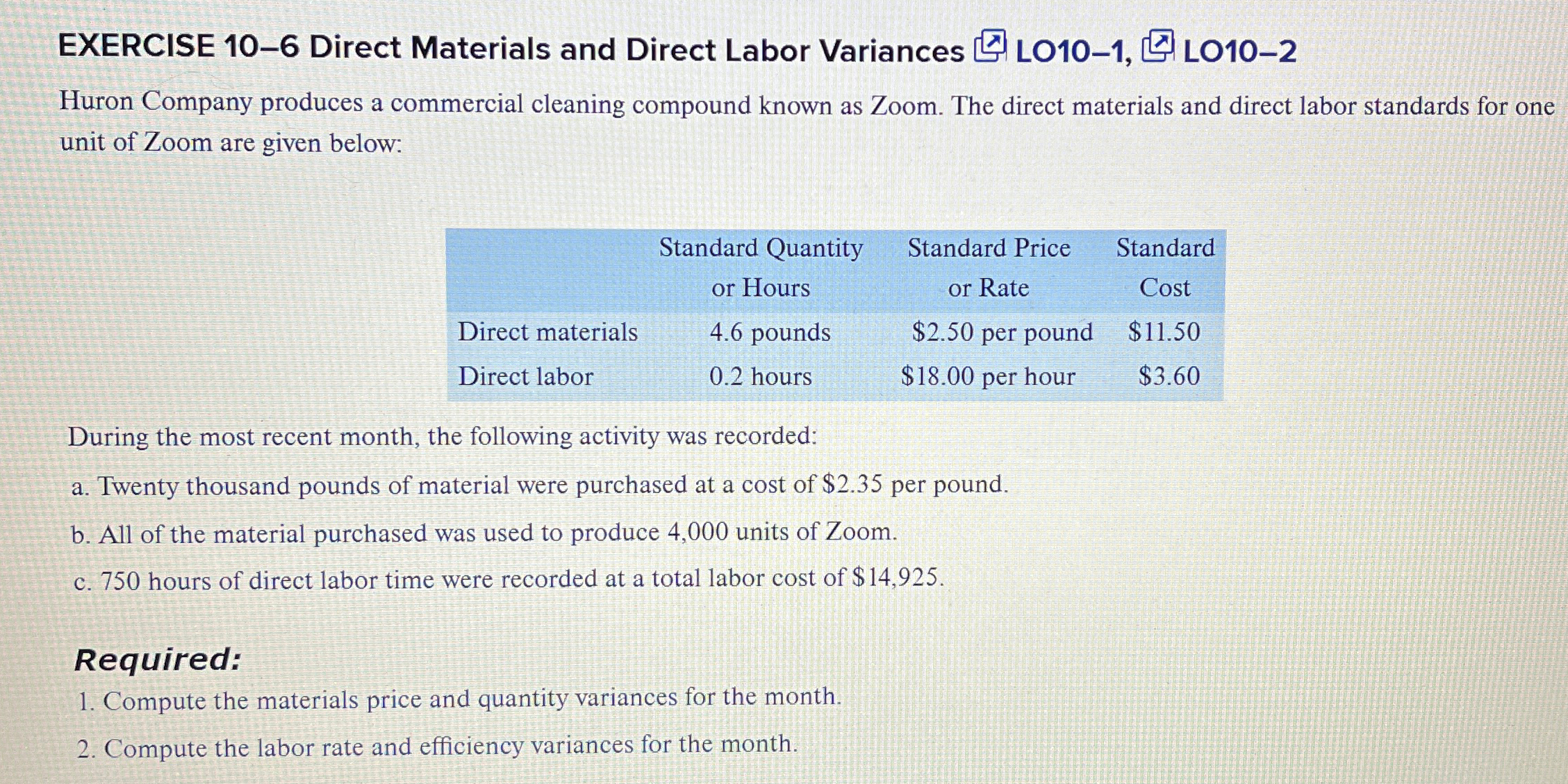 Company produces a commercial cleaning compound known as Zoom. The direct materials
