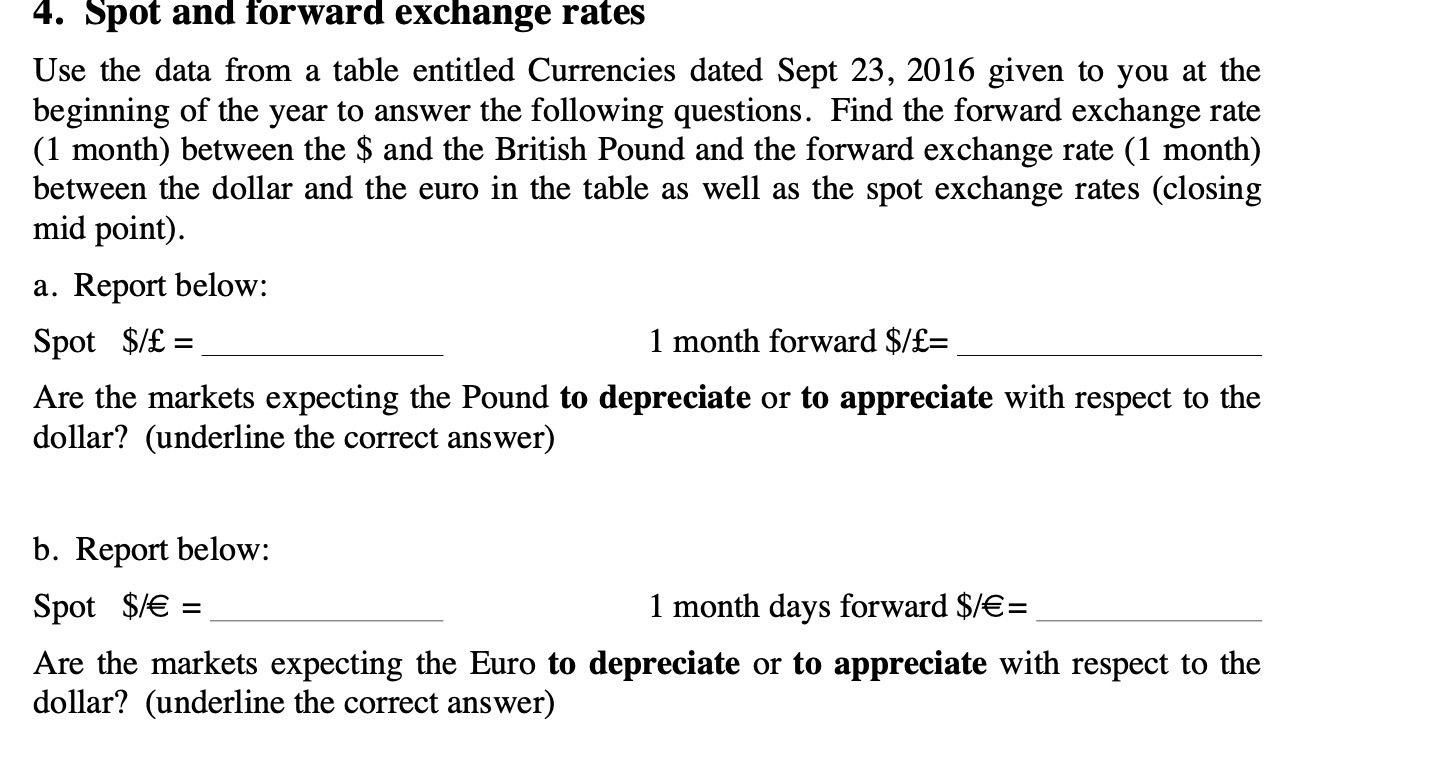  4. Spot and forward exchange rates Use the data from a