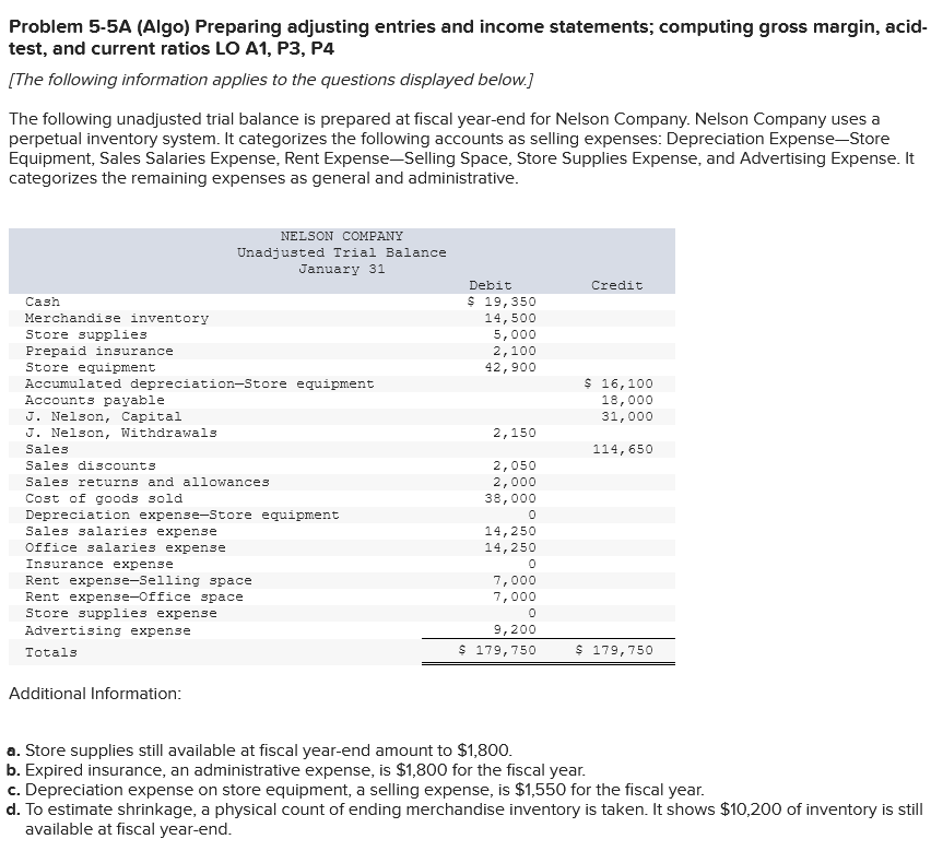  Problem 5-5A (Algo) Preparing adjusting entries and income statements; computing gross
