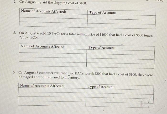 accounts. For the following transactions identify the two accounts and what type