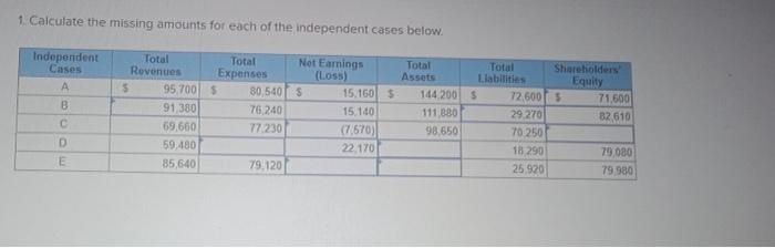 below. Independent Cases Total Revenues Total Expenses Net Earnings (Loss) Total Assets