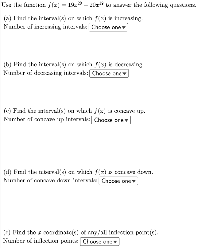  Use the function f(x) = 19x2 - 20x to answer the