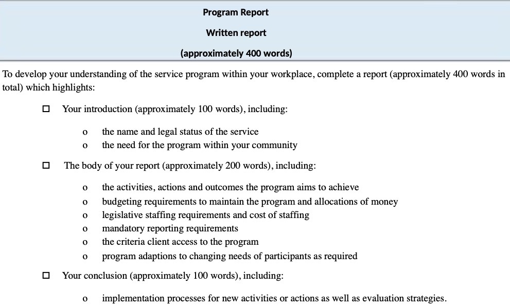 of the service program within your workplace, complete a report (approximately 400