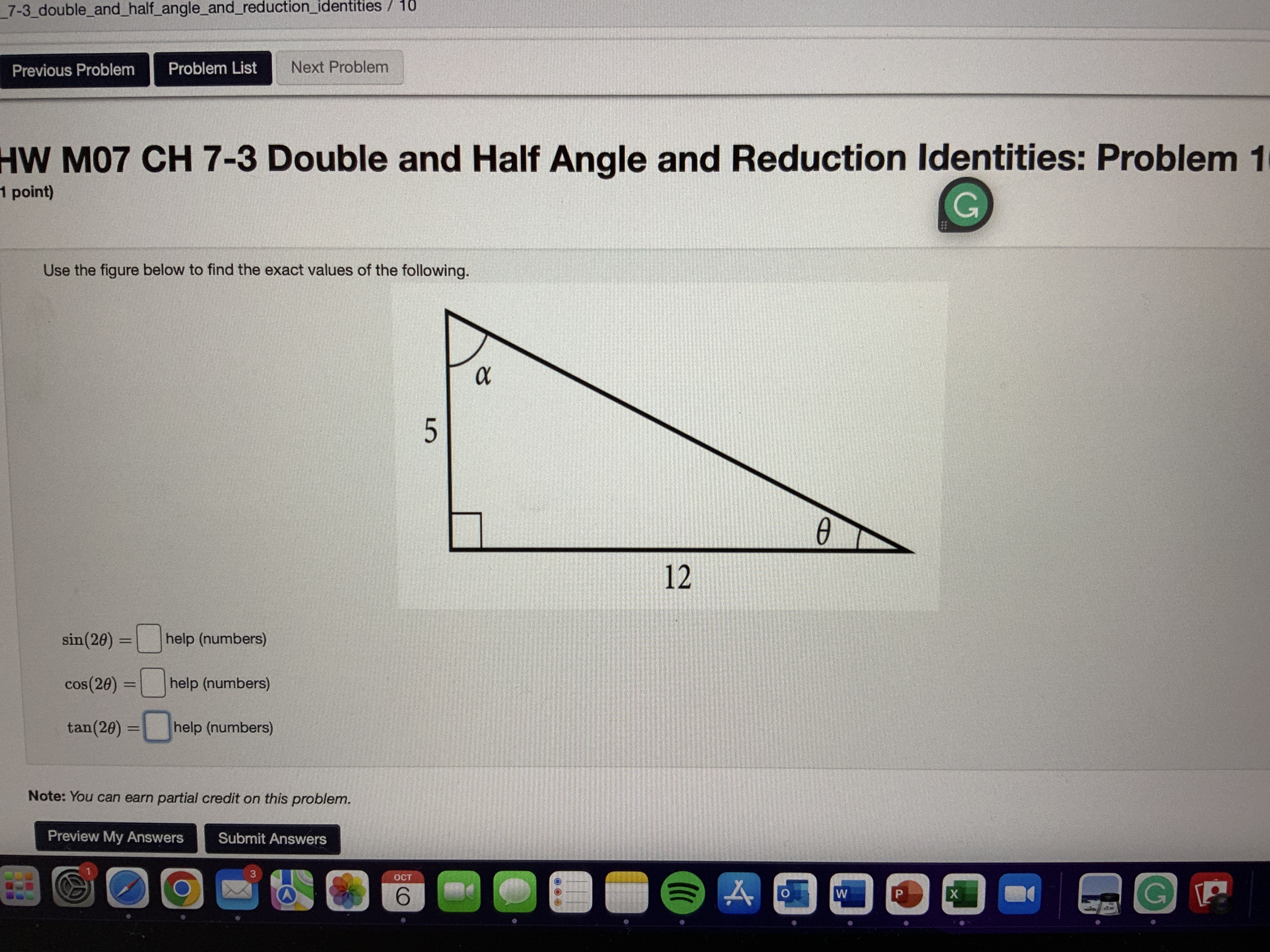 ANSWER MUST BE A FRACTION _7-3_double_and_half_angle_and_reduction_identities / 10 Previous Problem Problem List