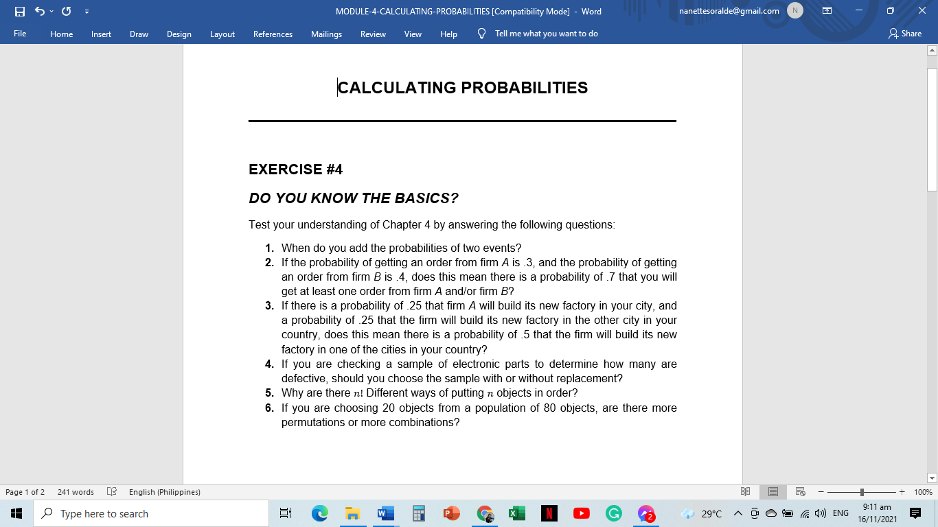 - Word nanettesoralde@gmail.com N X File Home Insert Draw Design Layout References