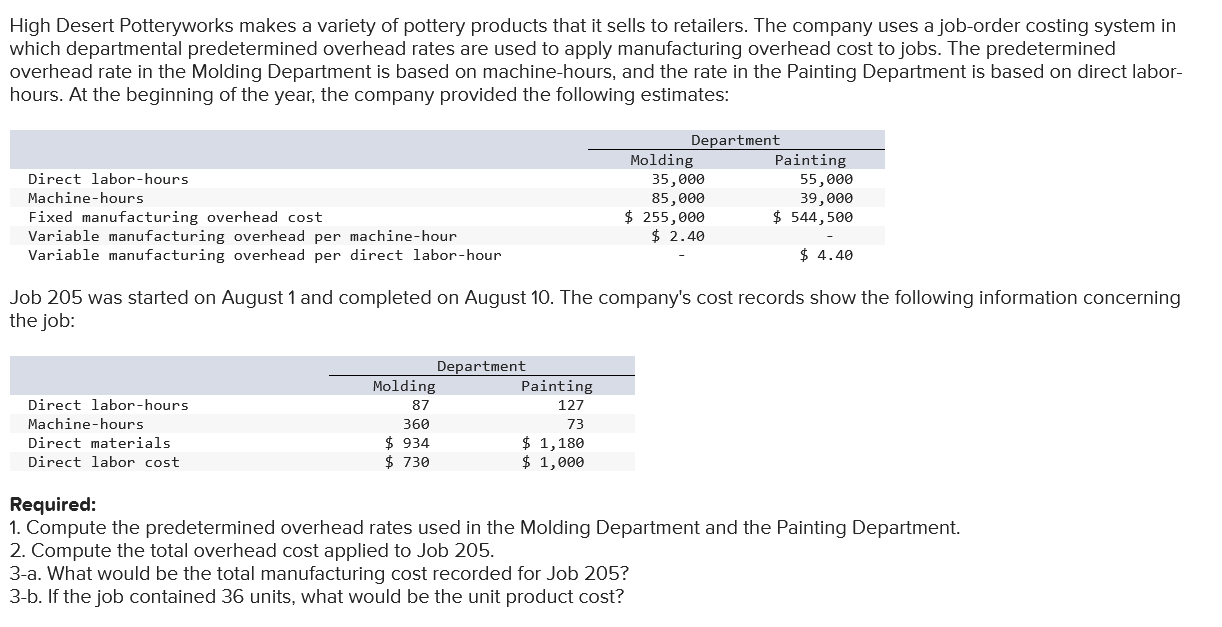 jobs. The predetermined overhead rate in the Molding Department is based on