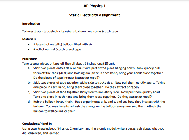  AP Physics 1 Static Electricity Assignment Introduction To investigate static electricity